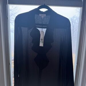 Calvin Klein Black Sheer Ruffle Blouse – Size L – NEW with Tags